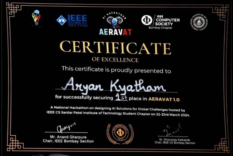 Aeravat 1.0 first place certificate