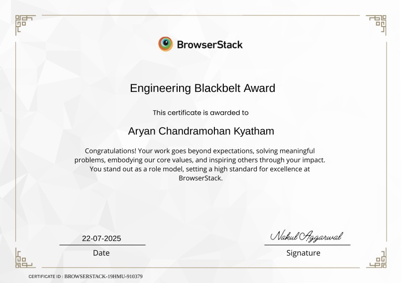 Engineering Blackbelt Award certificate