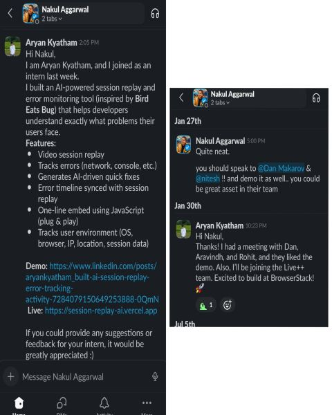Slack messages with BrowserStack CTO Nakul Aggarwal
