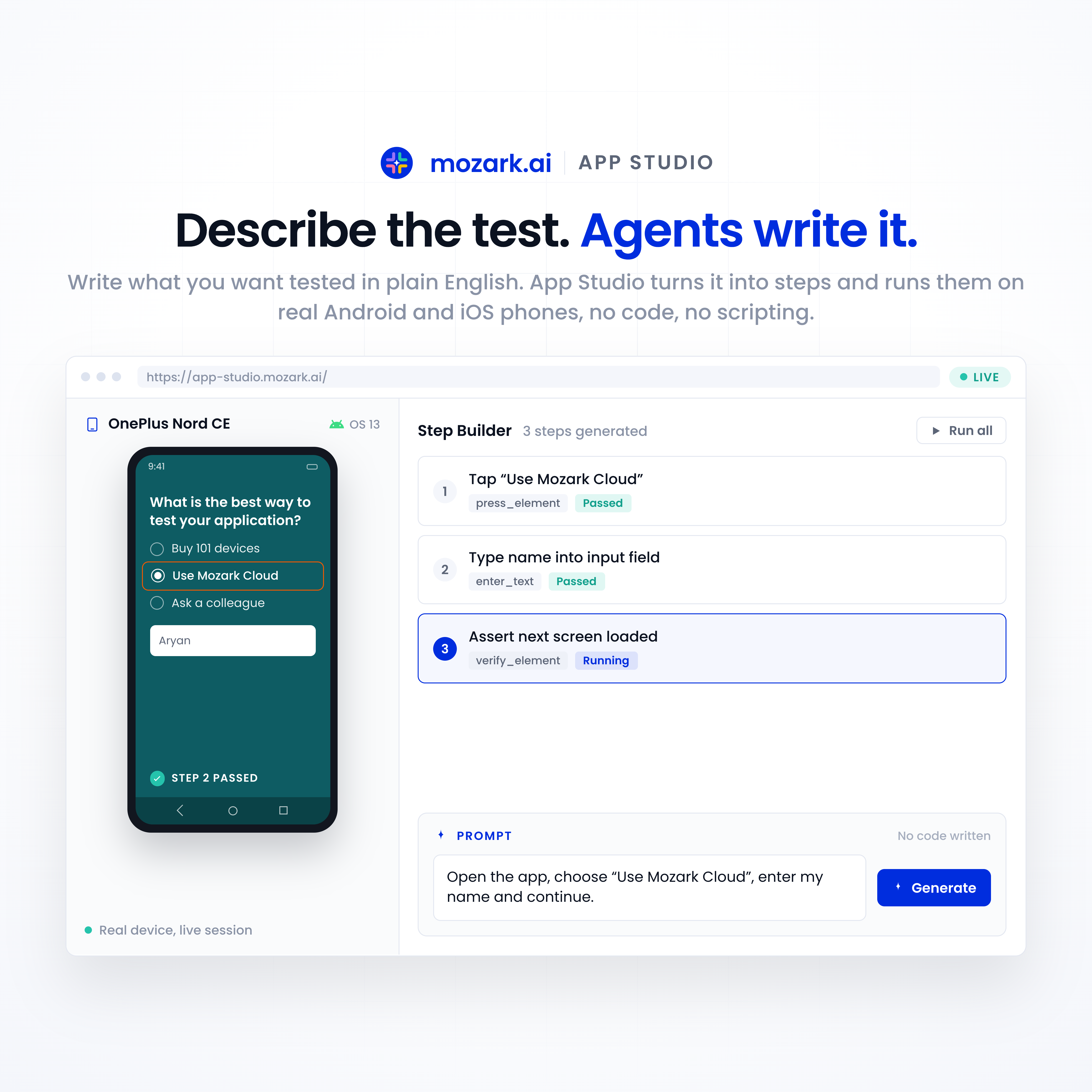 Mozark App Studio: describe the test, agents write it