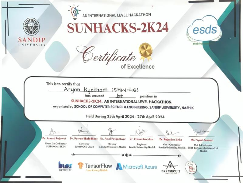 Sunhacks 2024 first place certificate