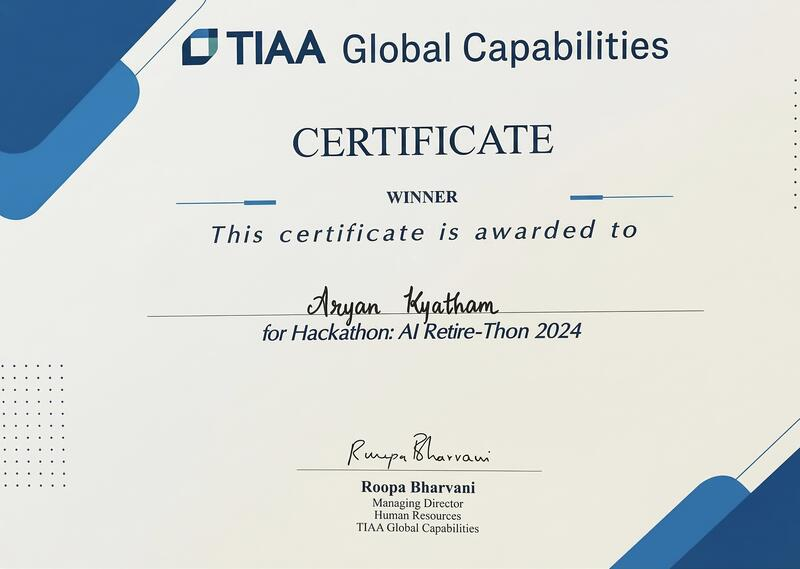 TIAA AI Retire-Thon winner certificate